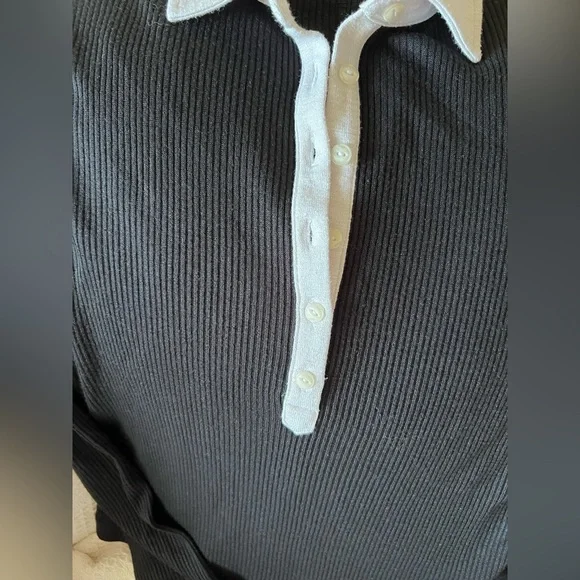 rag & bone Black Ribbed Long-Sleeve Polo Bodysuit with White Collar L - Picture 5 of 6